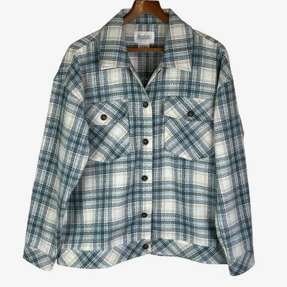 Plaid Shacket Shirt Jacket Size L Button Front Teal Cloud Boston Traders - Picture 4 of 12